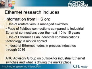 Ethernet research includes
Information from IHS on:
• Use of routers versus managed switches
• Pace of fieldbus connections compared to industrial
Ethernet connections over the next 10 to 15 years
• Use of Ethernet as an industrial communications
technology in motion control
• Industrial Ethernet nodes in process industries
through 2016
ARC Advisory Group on outlook for industrial Ethernet
switches and what is driving the marketplace
 
