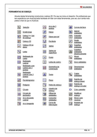 SOLIDWORKS
UPGRADE INFORMÁTICA PÁG. 10
FFEERRRRAAMMEENNTTAASS DDEE EESSBBOOÇÇOO::
Através destas ferramentas construimos o esboço 2D. Por aqui se inicia um desenho. Os profissionais que
tem experiência com AutoCad terão facilidade em lidar com estas ferramentas, pois seu uso é ainda mais
prático e fácil do que no AutoCad.
 