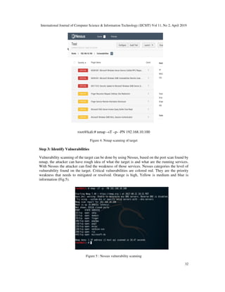 International Journal of Computer Science & Information Technology (IJCSIT) Vol 11, No 2, April 2019
32
root@kali:# nmap –sT –p- -PN 192.168.10.100
Figure 4: Nmap scanning of target
Step 3: Identify Vulnerabilities
Vulnerability scanning of the target can be done by using Nessus, based on the port scan found by
nmap, the attacker can have rough idea of what the target is and what are the running services.
With Nessus the attacker can find the weakness of those services. Nessus categories the level of
vulnerability found on the target. Critical vulnerabilities are colored red. They are the priority
weakness that needs to mitigated or resolved. Orange is high, Yellow is medium and blue is
information (Fig.5).
Figure 5 : Nessus vulnerability scanning
 