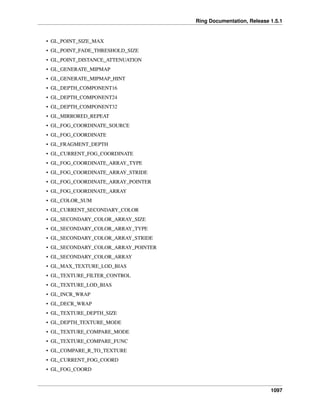 Ring Documentation, Release 1.5.1
• GL_POINT_SIZE_MAX
• GL_POINT_FADE_THRESHOLD_SIZE
• GL_POINT_DISTANCE_ATTENUATION
• GL_GENERATE_MIPMAP
• GL_GENERATE_MIPMAP_HINT
• GL_DEPTH_COMPONENT16
• GL_DEPTH_COMPONENT24
• GL_DEPTH_COMPONENT32
• GL_MIRRORED_REPEAT
• GL_FOG_COORDINATE_SOURCE
• GL_FOG_COORDINATE
• GL_FRAGMENT_DEPTH
• GL_CURRENT_FOG_COORDINATE
• GL_FOG_COORDINATE_ARRAY_TYPE
• GL_FOG_COORDINATE_ARRAY_STRIDE
• GL_FOG_COORDINATE_ARRAY_POINTER
• GL_FOG_COORDINATE_ARRAY
• GL_COLOR_SUM
• GL_CURRENT_SECONDARY_COLOR
• GL_SECONDARY_COLOR_ARRAY_SIZE
• GL_SECONDARY_COLOR_ARRAY_TYPE
• GL_SECONDARY_COLOR_ARRAY_STRIDE
• GL_SECONDARY_COLOR_ARRAY_POINTER
• GL_SECONDARY_COLOR_ARRAY
• GL_MAX_TEXTURE_LOD_BIAS
• GL_TEXTURE_FILTER_CONTROL
• GL_TEXTURE_LOD_BIAS
• GL_INCR_WRAP
• GL_DECR_WRAP
• GL_TEXTURE_DEPTH_SIZE
• GL_DEPTH_TEXTURE_MODE
• GL_TEXTURE_COMPARE_MODE
• GL_TEXTURE_COMPARE_FUNC
• GL_COMPARE_R_TO_TEXTURE
• GL_CURRENT_FOG_COORD
• GL_FOG_COORD
1097
 