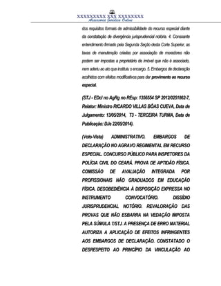 XXXXXXXXX XXX XXXXXXXX
Assessoria Jurídica Online
dos requisitos formais de admissibilidade do recurso especial diantedos requisitos formais de admissibilidade do recurso especial diante
da constatação de divergência jurisprudencial notória. 4. Consoanteda constatação de divergência jurisprudencial notória. 4. Consoante
entendimento firmado pela Segunda Seção desta Corte Superior, asentendimento firmado pela Segunda Seção desta Corte Superior, as
taxas de manutenção criadas por associação de moradores nãotaxas de manutenção criadas por associação de moradores não
podem ser impostas a proprietário de imóvel que não é associado,podem ser impostas a proprietário de imóvel que não é associado,
nem aderiu ao ato que instituiu o encargo. 5. Embargos de declaraçãonem aderiu ao ato que instituiu o encargo. 5. Embargos de declaração
acolhidos com efeitos modificativos para daracolhidos com efeitos modificativos para dar provimento ao recursoprovimento ao recurso
especial.especial.
(STJ - EDcl no AgRg no REsp: 1356554 SP 2012/0251862-7,(STJ - EDcl no AgRg no REsp: 1356554 SP 2012/0251862-7,
Relator: Ministro RICARDO VILLAS BÔAS CUEVA, Data deRelator: Ministro RICARDO VILLAS BÔAS CUEVA, Data de
Julgamento: 13/05/2014, T3 - TERCEIRA TURMA, Data deJulgamento: 13/05/2014, T3 - TERCEIRA TURMA, Data de
Publicação: DJe 22/05/2014).Publicação: DJe 22/05/2014).
(Voto-Vista) ADMINISTRATIVO. EMBARGOS DE(Voto-Vista) ADMINISTRATIVO. EMBARGOS DE
DECLARAÇÃO NO AGRAVO REGIMENTAL EM RECURSODECLARAÇÃO NO AGRAVO REGIMENTAL EM RECURSO
ESPECIAL. CONCURSO PÚBLICO PARA INSPETORES DAESPECIAL. CONCURSO PÚBLICO PARA INSPETORES DA
POLÍCIA CIVIL DO CEARÁ. PROVA DE APTIDÃO FÍSICA.POLÍCIA CIVIL DO CEARÁ. PROVA DE APTIDÃO FÍSICA.
COMISSÃO DE AVALIAÇÃO INTEGRADA PORCOMISSÃO DE AVALIAÇÃO INTEGRADA POR
PROFISSIONAIS NÃO GRADUADOS EM EDUCAÇÃOPROFISSIONAIS NÃO GRADUADOS EM EDUCAÇÃO
FÍSICA. DESOBEDIÊNCIA À DISPOSIÇÃO EXPRESSA NOFÍSICA. DESOBEDIÊNCIA À DISPOSIÇÃO EXPRESSA NO
INSTRUMENTO CONVOCATÓRIO. DISSÍDIOINSTRUMENTO CONVOCATÓRIO. DISSÍDIO
JURISPRUDENCIAL NOTÓRIO. REVALORAÇÃO DASJURISPRUDENCIAL NOTÓRIO. REVALORAÇÃO DAS
PROVAS QUE NÃO ESBARRA NA VEDAÇÃO IMPOSTAPROVAS QUE NÃO ESBARRA NA VEDAÇÃO IMPOSTA
PELA SÚMULA 7/STJ. A PRESENÇA DE ERRO MATERIALPELA SÚMULA 7/STJ. A PRESENÇA DE ERRO MATERIAL
AUTORIZA A APLICAÇÃO DE EFEITOS INFRINGENTESAUTORIZA A APLICAÇÃO DE EFEITOS INFRINGENTES
AOS EMBARGOS DE DECLARAÇÃO. CONSTATADO OAOS EMBARGOS DE DECLARAÇÃO. CONSTATADO O
DESRESPEITO AO PRINCÍPIO DA VINCULAÇÃO AODESRESPEITO AO PRINCÍPIO DA VINCULAÇÃO AO
 