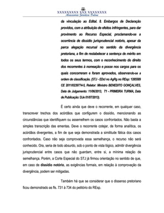XXXXXXXXX XXX XXXXXXXX
Assessoria Jurídica Online
da vinculação ao Edital. 8. Embargos de Declaraçãoda vinculação ao Edital. 8. Embargos de Declaração
providos, com a atribuição de efeitos infringentes, para darprovidos, com a atribuição de efeitos infringentes, para dar
provimento ao Recurso Especial, proclamando-se aprovimento ao Recurso Especial, proclamando-se a
ocorrência de dissídio jurisprudencial notório, apesar daocorrência de dissídio jurisprudencial notório, apesar da
parca alegação recursal no sentido da divergênciaparca alegação recursal no sentido da divergência
pretoriana, a fim de restabelecer a sentença de mérito empretoriana, a fim de restabelecer a sentença de mérito em
todos os seus termos, com o reconhecimento do direitotodos os seus termos, com o reconhecimento do direito
dos recorrentes à nomeação e posse nos cargos para osdos recorrentes à nomeação e posse nos cargos para os
quais concorreram e foram aprovados, observanquais concorreram e foram aprovados, observando-se ado-se a
ordem de classificação. (STJ - EDcl no AgRg no REsp: 1285589ordem de classificação. (STJ - EDcl no AgRg no REsp: 1285589
CE 2011/0239774-5, Relator: Ministro BENEDITO GONÇALVES,CE 2011/0239774-5, Relator: Ministro BENEDITO GONÇALVES,
Data de Julgamento: 11/06/2013, T1 - PRIMEIRA TURMA, DataData de Julgamento: 11/06/2013, T1 - PRIMEIRA TURMA, Data
de Publicação: DJe 01/07/2013).de Publicação: DJe 01/07/2013).
É certo ainda que deve o recorrente, em qualquer caso,É certo ainda que deve o recorrente, em qualquer caso,
transcrever trechos dos acórdãos que configurem o dissídio, mencionando astranscrever trechos dos acórdãos que configurem o dissídio, mencionando as
circunstâncias que identifiquem ou assemelhem os casos confrontados. Não basta acircunstâncias que identifiquem ou assemelhem os casos confrontados. Não basta a
simples transcrição das ementas. Deve o recorrente cotejar, de forma analítica, ossimples transcrição das ementas. Deve o recorrente cotejar, de forma analítica, os
acórdãos divergentes, a fim de que seja demonstrada a similitude fática dos casosacórdãos divergentes, a fim de que seja demonstrada a similitude fática dos casos
confrontados. Caso não seja comprovada essa semelhança, o recurso não seráconfrontados. Caso não seja comprovada essa semelhança, o recurso não será
conhecido. Ora, seria de todo absurdo, sob o ponto de vista lógico, admitir divergênciaconhecido. Ora, seria de todo absurdo, sob o ponto de vista lógico, admitir divergência
jurisprudencial entre casos que não guardam, entre si, a mínima relação dejurisprudencial entre casos que não guardam, entre si, a mínima relação de
semelhança. Porém, a Corte Especial do STJ já firmou orientação no sentido de que,semelhança. Porém, a Corte Especial do STJ já firmou orientação no sentido de que,
em caso deem caso de dissídio notóriodissídio notório, as exigências formais, em relação à comprovação da, as exigências formais, em relação à comprovação da
divergência, podem ser mitigadas.divergência, podem ser mitigadas.
Também há que se considerar que o dissenso pretorianoTambém há que se considerar que o dissenso pretoriano
ficou demonstrado as fls. 731 à 734 do petitório do REsp.ficou demonstrado as fls. 731 à 734 do petitório do REsp.
 