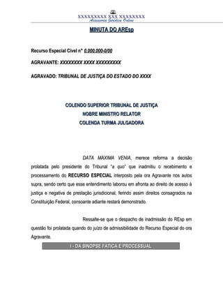 XXXXXXXXX XXX XXXXXXXX
Assessoria Jurídica Online
MINUTA DO AREspMINUTA DO AREsp
Recurso Especial Cível n°Recurso Especial Cível n° 0.000.000-0/000.000.000-0/00
AGRAVANTE:AGRAVANTE: XXXXXXXX XXXX XXXXXXXXXXXXXXXXX XXXX XXXXXXXXX
AGRAVADO:AGRAVADO: TRIBUNAL DE JUSTIÇA DO ESTADO DO XXXXTRIBUNAL DE JUSTIÇA DO ESTADO DO XXXX
COLENDO SUPERIOR TRIBUNAL DE JUSTIÇACOLENDO SUPERIOR TRIBUNAL DE JUSTIÇA
NOBRE MINISTRO RELATORNOBRE MINISTRO RELATOR
COLENDA TURMA JULGADORACOLENDA TURMA JULGADORA
DATA MAXIMA VENIADATA MAXIMA VENIA, merece reforma a decisão, merece reforma a decisão
prolatada pelo presidente do Tribunal “prolatada pelo presidente do Tribunal “a quoa quo” que inadmitiu o recebimento e” que inadmitiu o recebimento e
processamento doprocessamento do RECURSO ESPECIALRECURSO ESPECIAL interposto pela ora Agravante nos autosinterposto pela ora Agravante nos autos
supra, sendo certo que esse entendimento laborou em afronta ao direito de acesso àsupra, sendo certo que esse entendimento laborou em afronta ao direito de acesso à
justiça e negativa de prestação jurisdicional, ferindo assim direitos consagrados najustiça e negativa de prestação jurisdicional, ferindo assim direitos consagrados na
Constituição Federal, consoante adiante restará demonstrado.Constituição Federal, consoante adiante restará demonstrado.
Ressalte-se que o despacho de inadmissão do REsp emRessalte-se que o despacho de inadmissão do REsp em
questão foi prolatada quando do juízo de admissibilidade do Recurso Especial do oraquestão foi prolatada quando do juízo de admissibilidade do Recurso Especial do ora
Agravante.Agravante.
I - DA SINOPSE FÁTICA E PROCESSUALI - DA SINOPSE FÁTICA E PROCESSUAL
 