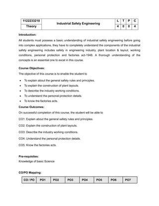 1122233210
Industrial Safety Engineering
L T P C
Theory 4 0 0 4
Introduction:
All students must possess a basic understanding of industrial safety engineering before going
into complex applications, they have to completely understand the components of the industrial
safety engineering includes safety in engineering industry, plant location & layout, working
conditions, personal protection and factories act-1948. A thorough understanding of the
concepts is an essential one to excel in this course.
Course Objectives:
The objective of this course is to enable the student to
• To explain about the general safety rules and principles.
• To explain the construction of plant layouts.
• To describe the industry working conditions.
• To understand the personal protection details.
• To know the factories acts.
Course Outcomes:
On successful completion of this course, the student will be able to
CO1: Explain about the general safety rules and principles.
CO2: Explain the construction of plant layouts.
CO3: Describe the industry working conditions.
CO4: Understand the personal protection details.
CO5: Know the factories acts.
Pre-requisites:
Knowledge of basic Science
CO/PO Mapping:
CO / PO PO1 PO2 PO3 PO4 PO5 PO6 PO7
 
