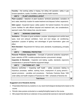 Foundry : Hot working safety in forging, hot rolling mill operation, safety in gas
furnace operations, cupola, Crucibles, ovens, foundry health hazards.
UNIT 2 PLANT LOCATION & LAYOUT
Plant Location : Selection of plant locations- territorial parameters, considers of
land, water, electricity- location for waste treatment and disposal, further, expansions.
Safe Layout : Equipment layout- safety system- fire hydrant locations- fire service
rooms- facilities for safe effluent disposal and treatment tank, site considerations,
approach roads, Plant railway lines, security towers.
12
UNIT 3 WORKING CONDITIONS
Ventilation : Principles of good ventilation- purpose- physiological and comfort level
types, local and exhaust ventilation, hood and duct design, air conditioning-
application- purpose of lighting- and advantages of good illumination- glare and
effect.
Work Standard : Requirement for Various work, standards, housekeeping, principles
of 5”S”.
12
UNIT 4 PERSONAL PROTECTION
Personal Protective Equipments : Concepts of personal protective equipment-
types- selection of PPE- invisible protective barriers- procurement, storage,
Inspection & Standards : Inspection and testing- quality- standards- ergonomic
considerations in personal Protective equipment design.
12
UNIT 5 FACTORIES ACT - 1948
Statutory authorities – Inspecting staff health - safety, provisions relating to
hazardous processes, welfare, working hours, employment of young person’s -
special provisions - penalties and procedures - Tamilnadu Factories Rules 1950
under safety and health chapters of Factories Act 1948 - schedules of factories Act.
12
Total Hours 60
Suggested List of Students Activity:
• Presentation/Seminars by students on any recent technological developments based on the
course.
• Periodic class quizzes conducted on a weekly/fortnightly based on the course.
• Mini project that shall be an extension of any practical lab exercise to real-world application.
 