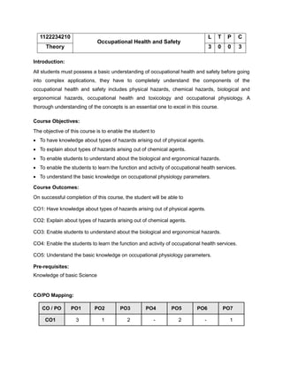 1122234210
Occupational Health and Safety
L T P C
Theory 3 0 0 3
Introduction:
All students must possess a basic understanding of occupational health and safety before going
into complex applications, they have to completely understand the components of the
occupational health and safety includes physical hazards, chemical hazards, biological and
ergonomical hazards, occupational health and toxicology and occupational physiology. A
thorough understanding of the concepts is an essential one to excel in this course.
Course Objectives:
The objective of this course is to enable the student to
• To have knowledge about types of hazards arising out of physical agents.
• To explain about types of hazards arising out of chemical agents.
• To enable students to understand about the biological and ergonomical hazards.
• To enable the students to learn the function and activity of occupational health services.
• To understand the basic knowledge on occupational physiology parameters.
Course Outcomes:
On successful completion of this course, the student will be able to
CO1: Have knowledge about types of hazards arising out of physical agents.
CO2: Explain about types of hazards arising out of chemical agents.
CO3: Enable students to understand about the biological and ergonomical hazards.
CO4: Enable the students to learn the function and activity of occupational health services.
CO5: Understand the basic knowledge on occupational physiology parameters.
Pre-requisites:
Knowledge of basic Science
CO/PO Mapping:
CO / PO PO1 PO2 PO3 PO4 PO5 PO6 PO7
CO1 3 1 2 - 2 - 1
 