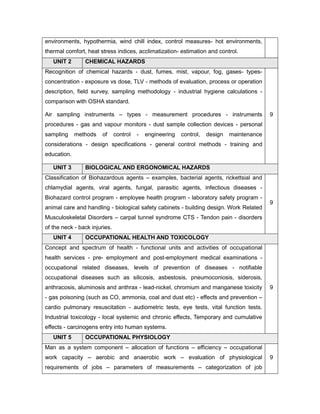 environments, hypothermia, wind chill index, control measures- hot environments,
thermal comfort, heat stress indices, acclimatization- estimation and control.
UNIT 2 CHEMICAL HAZARDS
Recognition of chemical hazards - dust, fumes, mist, vapour, fog, gases- types-
concentration - exposure vs dose, TLV - methods of evaluation, process or operation
description, field survey, sampling methodology - industrial hygiene calculations -
comparison with OSHA standard.
Air sampling instruments – types - measurement procedures - instruments
procedures - gas and vapour monitors - dust sample collection devices - personal
sampling methods of control - engineering control, design maintenance
considerations - design specifications - general control methods - training and
education.
9
UNIT 3 BIOLOGICAL AND ERGONOMICAL HAZARDS
Classification of Biohazardous agents – examples, bacterial agents, rickettsial and
chlamydial agents, viral agents, fungal, parasitic agents, infectious diseases -
Biohazard control program - employee health program - laboratory safety program -
animal care and handling - biological safety cabinets - building design. Work Related
Musculoskeletal Disorders – carpal tunnel syndrome CTS - Tendon pain - disorders
of the neck - back injuries.
9
UNIT 4 OCCUPATIONAL HEALTH AND TOXICOLOGY
Concept and spectrum of health - functional units and activities of occupational
health services - pre- employment and post-employment medical examinations -
occupational related diseases, levels of prevention of diseases - notifiable
occupational diseases such as silicosis, asbestosis, pneumoconiosis, siderosis,
anthracosis, aluminosis and anthrax - lead-nickel, chromium and manganese toxicity
- gas poisoning (such as CO, ammonia, coal and dust etc) - effects and prevention –
cardio pulmonary resuscitation - audiometric tests, eye tests, vital function tests.
Industrial toxicology - local systemic and chronic effects, Temporary and cumulative
effects - carcinogens entry into human systems.
9
UNIT 5 OCCUPATIONAL PHYSIOLOGY
Man as a system component – allocation of functions – efficiency – occupational
work capacity – aerobic and anaerobic work – evaluation of physiological
requirements of jobs – parameters of measurements – categorization of job
9
 