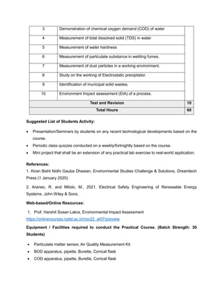 3 Demonstration of chemical oxygen demand (COD) of water
4 Measurement of total dissolved solid (TDS) in water
5 Measurement of water hardness
6 Measurement of particulate substance in welding fumes.
7 Measurement of dust particles in a working environment.
8 Study on the working of Electrostatic precipitator.
9 Identification of municipal solid wastes.
10 Environment Impact assessment (EIA) of a process.
Test and Revision 10
Total Hours 60
Suggested List of Students Activity:
• Presentation/Seminars by students on any recent technological developments based on the
course.
• Periodic class quizzes conducted on a weekly/fortnightly based on the course.
• Mini project that shall be an extension of any practical lab exercise to real-world application.
References:
1. Kiran Bisht Nidhi Gauba Dhawan, Environmental Studies Challenge & Solutions, Dreamtech
Press (1 January 2020)
2. Araneo, R. and Mitolo, M., 2021. Electrical Safety Engineering of Renewable Energy
Systems. John Wiley & Sons.
Web-based/Online Resources:
1. Prof. Harshit Sosan Lakra, Environmental Impact Assessment
https://onlinecourses.nptel.ac.in/noc22_ar07/preview
Equipment / Facilities required to conduct the Practical Course. (Batch Strength: 30
Students)
• Particulate matter sensor, Air Quality Measurement Kit
• BOD apparatus, pipette, Burette, Conical flask
• COD apparatus, pipette, Burette, Conical flask
 