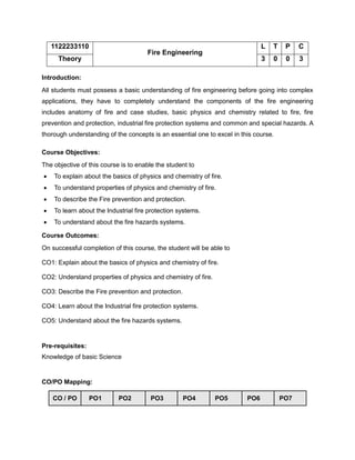 1122233110
Fire Engineering
L T P C
Theory 3 0 0 3
Introduction:
All students must possess a basic understanding of fire engineering before going into complex
applications, they have to completely understand the components of the fire engineering
includes anatomy of fire and case studies, basic physics and chemistry related to fire, fire
prevention and protection, industrial fire protection systems and common and special hazards. A
thorough understanding of the concepts is an essential one to excel in this course.
Course Objectives:
The objective of this course is to enable the student to
• To explain about the basics of physics and chemistry of fire.
• To understand properties of physics and chemistry of fire.
• To describe the Fire prevention and protection.
• To learn about the Industrial fire protection systems.
• To understand about the fire hazards systems.
Course Outcomes:
On successful completion of this course, the student will be able to
CO1: Explain about the basics of physics and chemistry of fire.
CO2: Understand properties of physics and chemistry of fire.
CO3: Describe the Fire prevention and protection.
CO4: Learn about the Industrial fire protection systems.
CO5: Understand about the fire hazards systems.
Pre-requisites:
Knowledge of basic Science
CO/PO Mapping:
CO / PO PO1 PO2 PO3 PO4 PO5 PO6 PO7
 