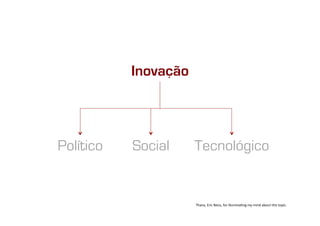 Inovação



Político   Social     Tecnológico


                      Thanx,	
  Eric	
  Reiss,	
  for	
  illuminaIng	
  my	
  mind	
  about	
  this	
  topic.	
  
 