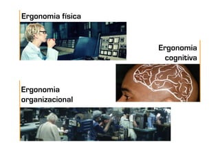 Ergonomia física


                   Ergonomia
                     cognitiva


Ergonomia
organizacional
 