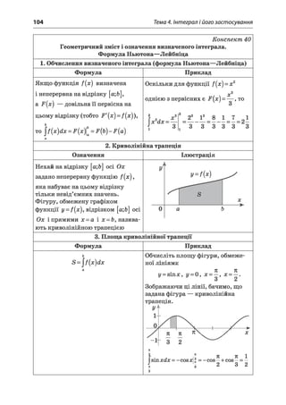 104 Тема 4. Інтеграл і його застосування
Конспект 40
Геометричний зміст і означення визначеного інтеграла.
Формула Ньютона—Лейбніца
1. Обчислення визначеного інтеграла (формула Ньютона—Лейбніца)
Формула Приклад
Якщо функція f{x) визначена
і неперервна на відрізку [а;6],
а Р(х) — довільна її первісна на
цьому відрізку (тобто Р'(х) = /(#)),
ь
то ^ [х )й х = РІ^х^а=Р{Ь')-Р{а)
а
Оскільки д
однією з пе
2 „3
хЧх = —
І 3
ля функції /(лс) = х2
тр(  х 3рвіснихє Р[х) = — , то
2_ 23 І3_ 8 1 _ 7 _ 2 1
3 3 “ з 3 " 3 " 3
2. Криволінійна трапеція
Означення Ілюстрація
Нехай на відрізку [а;Ь] осі Ох
задано неперервну функцію /(# ),
яка набуває на цьому відрізку
тільки невід’ємних значень.
Фігуру, обмежену графіком
функції і/= /(л:), відрізком [а;Ь] осі
Ох і прямими х - а і х -Ь , назива­
ють криволінійною трапецією
і
У
1
у = ґ(х)
Б
X
0 а і
3. Площа криволінійної трапеції
Формула Приклад
ь
8 = ^ { х ^ х
а
Обчр
ної л
Зобр
зада
трап
У>
1-
0
ІСЛІТЬ І
ІНІЯМИ
у = эш:
ажаюч
на фігу
еція.
к
їлощу фігури, обмеже-
п п
с, у = 0, х = —, х = —.
У 3 2
:и ці лінії, бачимо, що
гра — криволінійна
} -
я
3
п
" 3
хйх = -
Тч 1 А ^
п л ' ч У '' х
2
1 п п 1-сова;; = —сов—ьсов—= —
д 2 3 2
 