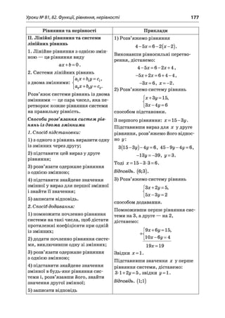 Уроки №81,82. Функції, рівняння, нерівності 177
Рівняння та нерівності Приклади
II. Лінійні рівняння та системи
лінійних рівнянь
1. Лінійне рівняння 3однією змін­
ною — це рівняння виду
ах +Ь= 0.
2. Системи лінійних рівнянь
а1х + Ь1у = с1,
з двома змінними: 
[а2х +Ь2у = с2.
Розв’язок системи рівнянь із двома
змінними — це пара чисел, яка пе­
ретворює кожне рівняння системи
на правильну рівність.
Способи розв’язання систем рів­
нянь із двома змінними
1. Спосіб підстановки:
1) з одного з рівнянь виразити одну
із змінних через другу;
2) підставити цей вираз у друге
рівняння;
3) розв’язати одержане рівняння
з однією змінною;
4) підставити знайдене значення
змінної у вираз для першої змінної
і знайти її значення;
5) записати відповідь.
2. Спосіб додавання:
1) помножити почленно рівняння
системи на такі числа, щоб дістати
протилежні коефіцієнти при одній
із змінних;
2) додати почленно рівняння систе­
ми, виключивши одну зі змінних;
3) розв’язати одержане рівняння
з однією змінною;
4) підставити знайдене значення
змінної в будь-яке рівняння сис­
теми і, розв’язавши його, знайти
значення другої змінної;
5) записати відповідь
1) Розв’яжемо рівняння
4 -5 * = 6 -2 (* -2 ).
Виконавши рівносильні перетво­
рення, дістанемо:
4 -5 х = 6 -2 х + 4,
-5х +2* = 6+ 4 - 4,
-Зх = 6, х = —2.
2) Розв’яжемо систему рівнянь
Гл:+ Зг/= 15,
[Зх-4у = 6
способом підстановки.
3 першого рівняння: * = 15-3у.
Підставивши вираз для * у друге
рівняння, розв’яжемо ЙОГО ВІДНОС­
НО у:
3(і5-3у)-4у = 6 , 4 б -9 у -4 у = 6,
—1Зі/ = -39, у = 3.
Тоді х = 15-3 3 = 6.
Відповідь. (6;3).
3) Розв’яжемо систему рівнянь
ГЗ*+ 2і/ = 5,
[5х-3у = 2
способом додавання.
Помноживши перше рівняння сис­
теми на 3, а друге — на 2,
дістанемо:
Г9л:+6г/= 15,
 l0x-6y - 4
19* = 19
Звідки * = 1.
Підставивши значення * у перше
рівняння системи, дістанемо:
31 + 2г/ = 5, звідки у = 1.
Відповідь, (і;і)
 