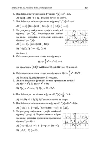 Уроки № 89, 90. Похідна та їїзастосування 221
4. Знайдіть критичні точки функції /(# ) = х3- З х .
А) 0; Б) 1; В) -1 і 1; Г) таких точок не існує.
5. Знайдіть проміжки зростання функції f{x) = Зх - х3.
А) (— [1;+°°); Б) [-1;-к»); В) [-1;1]; (-оо;і].
6. На рисунку зображено графік похідної
функції y=f(x). Користуючись зобра­
женням, укажіть проміжки спадання
функції y=f(x).
A) (-<*>;-1), (2;+~); Б) (-1;3);
B) (—3;3); Г) (-=»;-3), (1;3).
Варіант 2
1. Скільки критичних точок має функція
f{x) = д х3~ х2- Зх + 4
на проміжку [0;4] ? А) Одну; Б) дві; В) три; Г) жодної.
2. Скільки критичних точок має функція f{x) = - х 3- 2х2
З
А) Безліч; Б) дві; В) одну; Г) жодної.
3. Яка з наведених функцій не має критичних точок?
A) /(# ) = #5;Б ) f{x) = х5+5х;
B) /(# ) = #5-4 х ; Г) / ( х) = 2 0 -2 х 5.
4. Знайдіть критичні точки функції /(# ) = —х3+ 4х.
З
А) -4 ; Б) -2 і 2; В) 2; Г) таких точок не існує.
5. Знайдіть проміжки спадання функції /(# ) = Зх3- 81#.
А) (—3;3); Б) (— ;3), (3;+-); В) (-~;3); Г) (0;9).
6. Нарисунку зображено графік похідної
функції y = f{x). Користуючись зобра­
женням, укажіть проміжки зростання
функції y = f(x).
A) (-4 ;-і) , (2;+~); Б) (-~ ;-3 ), (0;4~);
B) (-3;0); Г) (-4;2).
іі11
1111
TT^SnjІ
 у і
: з
Н - 2
k 1
1
1
1
1
1
" Г
1 1
1
О / ! Х
г і і ^
/ і - К
0 /
1 4
і
і
1
1
1
1
1 1
1 1
 
