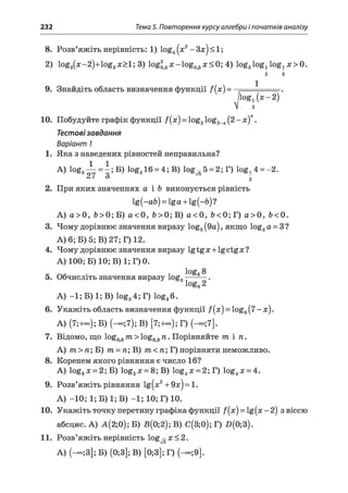 232 Тема 5. Повторення курсу алгебри і початків аналізу
8. Розв’яжіть нерівність: 1) log4(х2- Зх) < 1;
2) log3(x-2)+log3x> l; 3) log25x -lo g 05x< 0 ; 4) log3log1logj x> 0 .
2 3
9. Знайдіть область визначення функції fix ) = ,
/logJ(ж-2 )
10. Побудуйте графік функції f(x) = log2log2_x(2 - x)x.
Тестовізавдання
Варіант 1
1. Яка з наведених рівностей неправильна?
A) log3^ = i ;B ) log216 = 4; В) log ,б5 = 2; Г) log l 4 = -2 .
à 2
2. При яких значеннях а і Ь виконується рівність
lg(-ab) = lg а + lg(-fe)?
А) а >0, Ь>0;Б) а <0, Ь>0;В) а <0, Ь<0;Г) а >0, Ь<0.
3. Чому дорівнює значення виразу log3(9а), якщо log3а = 3 ?
А) 6; Б) 5; В) 27; Г) 12.
4. Чому дорівнює значення виразу lg tg х + lg ctg х ?
А) 100; Б) 10; В)1;Г)0.
5. Обчисліть значення виразу log„ .
loge2
А) -1 ; Б) 1; В) log34; Г) log36.
6. Укажіть область визначення функції /(jc) = log9(7 -x ).
А) (7;+оо); Б) (-оо;7); В) [7;+°о); Г) (-~;7].
7. ВІДОМО, ЩО log0g 771> log0g 71. ПорІВНЯЙТЄ 771 І 71.
А) 771> п; Б) т = п;В) т < п ;Т ) порівняти неможливо.
8. Коренем якого рівняння є число 16?
А) logg* = 2; Б) log2л:= 8; В) log4x = 2; Г) log4je= 4.
9. Розв’яжіть рівняння lg(x2+ 9х) = 1.
А) -10; 1; Б) 1; В) -1 ; 10; Г) 10.
10. Укажіть точку перетину графіка функції /(x ) = lg(jc-2) з віссю
абсцис. А) А(2;0); Б) Б(0;2); В) С(3;0); Г) D (0;3).
11. Розв’яжіть нерівність log^g X < 2.
А) (-<*>;3]; Б) (0;3]; В) [0;3]; Г) (— ;9].
 