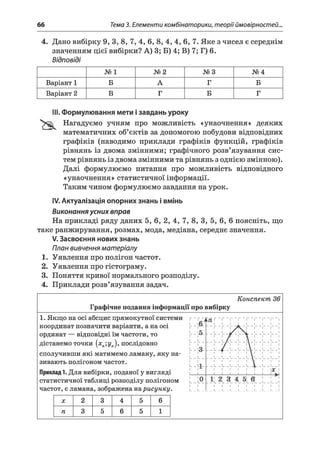 66 Тема 3. Елементи комбінаторики, теорії ймовірностей..
4. Дано вибірку 9, 3, 8, 7, 4, 6, 8, 4, 4, 6, 7. Яке з чисел є середнім
значенням цієї вибірки? А) 3; Б) 4; В) 7; Г) 6.
Відповіді
№ 1 №2 №3 № 4
Варіант 1 Б А Г Б
Варіант 2 В Г Б Г
III. Формулювання мети ізавдань уроку
Нагадуємо учням про можливість «унаочнення» деяких
математичних об’єктів за допомогою побудови відповідних
графіків (наводимо приклади графіків функцій, графіків
рівнянь із двома змінними; графічного розв’язування сис­
тем рівнянь із двома змінними та рівнянь з однією змінною).
Далі формулюємо питання про можливість відповідного
«унаочнення» статистичної інформації.
Таким чином формулюємо завдання на урок.
IV. Актуалізація опорних знань і вмінь
Виконання усних вправ
На прикладі ряду даних 5, 6, 2, 4, 7, 8, 3, 5, 6, 6 поясніть, що
таке ранжирування, розмах, мода, медіана, середнє значення.
V. Засвоєння нових знань
План вивчення матеріалу
1. Уявлення про полігон частот.
2. Уявлення про гістограму.
3. Поняття кривої нормального розподілу.
4. Приклади розв’язування задач.
Конспект 36
Графічне подання інформації про вибірку
1. Якщо на осі абсцис прямокутної системи
координат позначити варіанти, а на осі
ординат — відповідні їм частоти, то
дістанемо точки (хп;уп), послідовно
сполучивши які матимемо ламану, яку на­
зивають полігоном частот.
Приклад 1 . Для вибірки, поданої у вигляді
статистичної таблиці розподілу полігоном
частот, є ламана, зображена нарисунку.
X 2 3 4 5 6
п 3 5 6 5 1
 