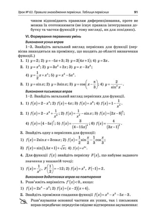 Урок № 63. Правила знаходження первісних. Таблиця первісних 91
чином відповідають правилам диференціювання, проте не
можна їх ототожнювати (не існує правила інтегрування до­
бутку та частки функцій у тому вигляді, як для похідних).
VI. Формування первинних умінь
Виконання усних вправ
1-3. Знайдіть загальний вигляд первісних для функції (пер­
вісна знаходиться на проміжку, що входить до області визначення
функції.)
3) f(x) = sin(l,5x + l) + [х; 4) f(x) = e2x.
4. Для функції f{x) знайдіть первісну F(x), що набуває заданого
)ВИ Х
вправ передбачає передусім свідоме відтворення зауваження:
1. 1) у = 2 ; 2) у = -5х + 3; 3) у - 2(4х + 1); 4) у = 3х.
2. 1) у = х2; 2) у = 3х2+2х; 3) у = х - З х 3;
1. 1) f(x) = 2 - х 4; 2) f(x) = 4x;3) f(x) = x6; 4) f(x) = 1 - —^.
x
2. 1) f(x) = 2 - x 3+ ; 2) f(x) = -^j- sina:; 3) f(x) = (2x - 8)5;
00 ОС
значення у вказаній точці:
 
