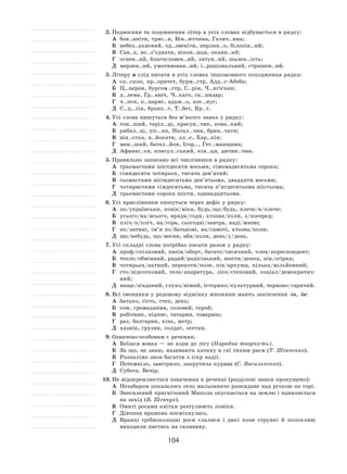 104
2.	Подвоєння та подовження літер в усіх словах відбувається в рядку:
А	 бов..аніти, тряс..я, Він..иччина, Галич..ина;
Б	 небез..ахисний, од..звеніти, перлин..о, білопін..ий;
В	 Сав..а, во..з’єднати, вікон..иця, окаян..ий;
Г	 огнен..ий, благословен..ий, латун..ий, шален..ість;
Д	 мерзен..ий, умотивован..ий, і..раціональний, страшен..ий.
3.	Літеру и слід писати в усіх словах іншомовного походження рядка:
А	 єп..скоп, пр..оритет, бурм..стр, Адд..с‑Абеба;
Б	 Ц..церон, бургом..стр, С..рія, Ч..нгісхан;
В	 д..лема, Гр..нвіч, Ч..каго, ск..пидар;
Г	 ч..пси, к..парис, адаж..о, кос..нус;
Д	 С..ц..лія, бронх..т, Т..бет, Кр..т.
4.	Усі слова пишуться без м’якого знака у рядку:
А	 тон..ший, таріл..ці, красун..чик, ковз..кий;
Б	 рибал..ці, піс..ня, Натал..чин, брин..чати;
В	 він..єтка, в..йокати, лл..є, Хар..ків;
Г	 мен..ший, батал..йон, Ігор.., Гет..манщина;
Д	 Афанас..єв, консул..ський, кін..ця, дитин..чин.
5.	Правильно записано всі числівники в рядку:
А	 трьомастами шістдесяти восьми, сімомадесятьма сорока;
Б	 сімидесяти чотирьох, тисяча дев’ятий;
В	 сьомастами вісімдесятьма дев’ятьома, двадцяти восьми;
Г	 чотиристами сімдесятьма, тисяча п’ятдесятьома шістьома;
Д	 трьомастами сорока шісти, одинадцятьома.
6.	Усі прислівники пишуться через дефіс у рядку:
А	 по/українськи, повік/віки, будь/що/будь, плече/в/плече;
Б	 усього/на/всього, вряди/годи, хтозна/коли, з/посеред;
В	 пліч/о/пліч, на/гора, сьогодні/завтра, наді/мною;
Г	 по/латині, ім’я по/батькові, на/самоті, хтозна/коли;
Д	 що/небудь, що/весни, аби/коли, день/у/день.
7.	Усі складні слова потрібно писати разом у рядку:
А	 проф/спілковий, папів/оберт, багато/тисячний, член/кореспондент;
Б	 тепло/обмінний, радий/радісінький, шести/денка, пів/огірка;
В	 чотирьох/актний, перекоти/поле, пів/аркуша, кілька/мільйонний;
Г	 сто/відсотковий, теле/апаратура, лісо/степовий, соціал/демократич-
ний;
Д	 вище/згаданий, глухо/німий, історико/культурний, червоно/гарячий.
8.	Всі іменники у родовому відмінку множини мають закінчення -ів, -їв:
А	 батько, гість, степ, день;
Б	 сом, громадянин, соловей, герой;
В	 робітник, підпис, татарин, товариш;
Г	 раз, болгарин, кінь, метр;
Д	 хазяїн, грузин, солдат, осетин.
9.	Означено-особовим є речення:
А	 Боїшся вовка — не ходи до лісу (Народна творчість).
Б	 За що, не знаю, називають хатину в гаї тихим раєм (Т. Шевченко).
В	 Розпалімо знов багаття з іскр надії.
Г	 Потемніло, завітрило, закрутила курява (С. Васильченко).
Д	 Субота. Вечір.
10.	Не відокремлюється означення в реченні (розділові знаки пропущено):
А	 Незабаром показалось село мальовничо розкидане над річкою по горі.
Б	 Знесилений пригнічений Микола опускається на землю і вдивляється
на захід (В. Шевчук).
В	 Омиті росами квітки розтулюють повіки.
Г	 Дівчина вражена посміхнулась.
Д	 Вранці срібнохолодні роси слалися і  дикі кози стрункі й  полохливі
виходили пастись на галявину.
 