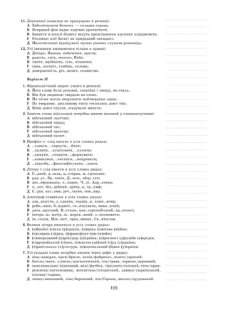 105
11.	Лексичної помилки не припущено в реченні:
А	 Забезпечувати безпеку — складна справа.
Б	 Яскравий фон надає картині урочистості.
В	 Заняття в школі бізнесу ведуть представники крупних підприємств.
Г	 Рослинні олії багаті на природний оксидант.
Д	 Малочисленні відвідувачі музею уважно слухали розповідь.
12.	Усі іменники вживаються тільки в однині:
А	 Дніпро, Кавказ, побачення, щастя;	
Б	 радість, сміх, молоко, Київ;
В	 листя, мрійність, сіль, пташеня;	
Г	 синь, зустріч, глибінь, солома;
Д	 довершеність, річ, велич, селянство.
Варіант ІІ
1.	Фразеологічний зворот ужито в реченні:
А	 Його слова були розумні, спокійні і тверді, як сталь.
Б	 Він був людиною твердою на слово.
В	 Йя пісня могла зворушити найтвердіше серце.
Г	 По твердому, рипливому снігу стелились довгі тіні.
Д	 Вони довго сиділи, згадували минуле.
2.	Замість слова військовий потрібно вжити воєнний у словосполученні:
А	 військовий льотчик;
Б	 військовий парад;
В	 військовий час;		
Г	 військовий оркестр;
Д	 військовий салют.
3.	Префікс с‑ слід писати в усіх словах рядка:
А	 ..ховати, ..горнути, ..бити;
Б	 ..палити, ..куштувати, ..купити;
В	 ..кинути, ..сохнути, ..формувати;
Г	 ..ковзатися, ..чистити, ..некровити;
Д	 ..підлоба, ..фальсифікувати, ..шити.
4.	Літеру і слід писати в усіх словах рядка:
А	 С..дней, д..зель, ц..стерна, м..трополит;
Б	 рад..ус, Бр..танія, Д..зель, абор..ген;
В	 дез..нформація, к..парис, Ч..лі, Адр..атика;
Г	 п..лот, без..дейний, артер..я, тр..умф;
Д	 С..рія, акс..ома, реч..татив, сем..нар.
5.	Апостроф ставиться в усіх словах рядка:
А	 дзв..якнути, з..єднати, подвір..я, комп..ютер;
Б	 рейк..явік, б..юджет, св..яткувати, мавп..ячий;
В	 двох..ярусний, В..єтнам, пан..європейський, ад..ютант;
Г	 інтерв..ю, матір..ю, моркв..яний, з..економити;
Д	 ін..єкція, Мін..юст, пред..явник, Св..ятослав.
6.	Велика літера пишеться в усіх словах рядка:
А	 (з)бройні (с)или (у)країни, (п)ерша (с)вітова (в)ійна;
Б	 (п)олярна (з)ірка, (ф)ранкфурт-(н)а‑(м)айні;
В	 (г)енеральний (п)рокурор (у)країни, (п)роспект (д)ружби (н)ародів;
Г	 (є)вропейський (с)оюз, (к)онституційний (с)уд (у)країни;
Д	 (т)рипільська (к)ультура, (н)аціональний (б)анк (у)країни.
7.	Усі складні слова потрібно писати через дефіс у рядку:
А	 віце/адмірал, крем/брюле, напів/фабрикат, жовто/гарячий;
Б	 батько/мати, клініко/діагностичний, сон/трава, червоно/деревний;
В	 окислювально/відновний, міні/футбол, гіркувато/солоний, стоп/кран;
Г	 режисер/постановник, всесвітньо/історичний, давньо/український,
кіловат/година;
Д	 темно/вишневий, ліво/бережний, пів/Європи, високо/ерудований.
 