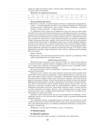 28
героїв не треба, їй розуму треба і чистого неба. 10. Вижени із серця смуток,
і життя стане тобі миліше.
Відповідь на графічний диктант
1 3 5 6 7 9
: , — : — ,
Пунктуаційний практикум
	Випишіть спочатку складнопідрядні речення з  однорідною підрядністю,
потім  — складнопідрядні речення з  послідовною підрядністю. Розставте
розділові знаки. Підкресліть другу букву кожного речення і  допишіть
вислів: «Січень наступає — мороз людей…».
1. А Михайло мені сказав що ви збираєтесь їхати аж туди де зовім немає
лісів (М. Стельмах). 2. З невеселою радістю що пробивалася крізь усі тривоги
я вискочив на весняну вулицю де кожна калюжка тримала собі клапоть сонця
(М. Стельмах). 3. Розкажи як за горою сонечко сідає як у Дніпра веселочка
воду позичає (Т. Шевченко). 4.  Дід Терентій щоразу над новою худобинкою
мудрує щоб звеселити нею і людей і своїх онуків хоча сам уже й розлучився
з  радістю (М. Стельмах). 5.  Назбираю цвіту аж на  цілий срібний карбова-
нець бо дуже люблю коли є багато зошитів (М. Стельмах). 6. І бійці відразу
помітили що літо вже минуло що вже настала осінь з  нескінченними мря-
ками розбитими дорогами холодними вітрами (О. Гончар). 7. У Єгора і тепер
зберігається рушник який подарувала мати щоб не  забував рідної домівки
(М. Стельмах).
Ключ: обнімає.
	Перепишіть текст. Поставте розділові знаки, поясніть їх уживання. Усно
дайте характеристику складних речень.
Свято Івана Купала
Найпоетичніше народне свято літнього циклу це свято Івана Купала
з  яким пов’язане єднання Людини і  Природи. Це час літнього сонцевороту
коли пишно буяє природа коли розквітає довкілля коли хлібороби мають
короткий перепочинок перед жнивами.
Це свято дісталося нам від пращурів і  сьогодні ми відроджуємо славні
традиції минувшини.
Раніше на всіх кутках села люди ставили купальські віхи на яких були
заквітчані зелом колеса на жердинах. Також робили Купало солом’яне опу-
дало щоб навколо нього співати і танцювати. Традиційно готували вогнище
розкладали його поблизу річки куди поспішали і дорослі і діти щоб відчути
радість свята красу обряду. Хлопці закопували на пагорбі купальське деревце
Мариноньку-Купальницю а дівчата прикрашали її квітами стрічками намис-
том. Поки не  розпалили вогонь водила молодь танки співала пісні. Аж ось
запалало купальське вогнище щоб усі перестрибуючи парами чи поодинці
очищалися магічним полум’ям. Поступово вогнище згасає і  дівчата біжать
до  річки ворожити на  вінках. Кожна з  них кинувши вінок на  воду прагне
дізнатися що її чекає у майбутньому одруження з любим чи з нелюбом у рід-
ній стороні чи далеко від дому.
Опівночі свято закінчується так що всі розходяться по  домівках. А  від-
чайдушні йшли до лісу шукати цвіт папороті який за давніми віруваннями
приносив щастя.
Усе обрядове дійство супроводжувалося піснями що оспівували шлюб
і мрії про щасливе кохання. Ясний місяць сяючі зорі духмяні пахощі квіту-
чого літа мерехтлива річка усе увібрало дивовижні відблиски купальського
вогнища (З журналу).
Підказка: у цьому тексті 33 коми, 4 тире, 1 двокрапка.
V. Підсумок уроку
VI. Домашнє завдання
	Складіть рекламу-жарт до однієї з повторених тем синтаксису.
 