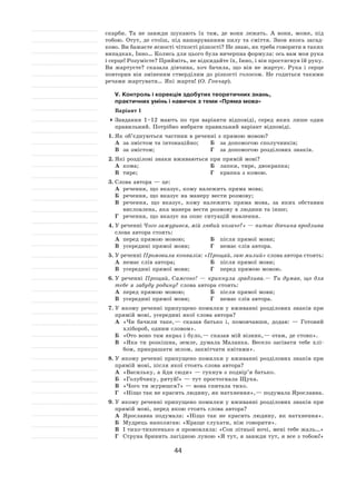 44
скарби. Та  не  завжди шукають їх  там, де вони лежать. А  вони, може, під
тобою. Отут, де стоїш, під нашаруванням пилу та  сміття. Знов якось загад-
ково. Ви бажаєте ясності чіткості різкості? Не знаю, як треба говорити в таких
випадках, Інно… Колись для цього була вичерпна формула: ось вам моя рука
і серце! Розумієте? Прийміть, не відкидайте їх, Інно, і він простягнув їй руку.
Ви  жартуєте? сказала дівчина, хоч бачила, що він не  жартує. Рука і  серце
повторив він зміненим стверділим до  різкості голосом. Не  годиться такими
речами жартувати… Які жарти! (О. Гончар).
V. Контроль і корекція здобутих теоретичних знань,
практичних умінь і навичок з теми «Пряма мова»
Варіант 1
	Завдання 1–12  мають по  три варіанти відповіді, серед яких лише один
правильний. Потрібно вибрати правильний варіант відповіді.
1.	Як об’єднуються частини в реченні з прямою мовою?
А	 за змістом та інтонаційно;	 Б	 за допомогою сполучників;
В	 за змістом;	 Г	 за допомогою розділових знаків.
2.	Які розділові знаки вживаються при прямій мові?
А	 кома;	 Б	 лапки, тире, двокрапка;
В	 тире;	 Г	 крапка з комою.
3.	Слова автора — це:
А	 речення, що вказує, кому належить пряма мова;
Б	 речення, що вказує на манеру вести розмову;
В	 речення, що вказує, кому належить пряма мова, за  яких обставин
висловлена, яка манера вести розмову в людини та інше;
Г	 речення, що вказує на опис ситуацій мовлення.
4.	У реченні Чого зажурився, мій любий козаче?» — питає дівчина вродлива
слова автора стоять:	
А	 перед прямою мовою;	 Б	 після прямої мови;
В	 усередині прямої мови;	 Г	 немає слів автора.
5.	У реченні Промовила конвалія: «Прощай, гаю милий» слова автора стоять:
А	 немає слів автора;	 Б	 після прямої мови;
В	 усередині прямої мови;	 Г	 перед прямою мовою.
6.	У реченні Прощай, Самсоне!  — крикнула зрадлива. — Ти думав, що для
тебе я забуду родину? слова автора стоять:
А	 перед прямою мовою;	 Б	 після прямої мови;
В	 усередині прямої мови;	 Г	 немає слів автора.
7.	У якому реченні припущено помилки у вживанні розділових знаків при
прямій мові, усередині якої слова автора?
А	 «Чи бачили таке, — сказав батько і, помовчавши, додав:  — Готовий
хлібороб, одним словом».
Б	 «Ото воно там якраз і було, — сказав мій візник, — отам, де стовп».
В	 «Яка ти розкішна, земле, думала Маланка. Весело засівати тебе хлі-
бом, прикрашати зелом, заквітчати квітами».
8.	У якому реченні припущено помилки у вживанні розділових знаків при
прямій мові, після якої стоять слова автора?
А	 «Васильку, а йди сюди» — гукнув з подвір’я батько.
Б	 «Голубчику, рятуй!» — тут простогнала Щука.
В	 «Чого ти журишся?» — вона спитала тихо.
Г	 «Ніщо так не красить людину, як натхнення», — подумала Ярославна.
9.	У якому реченні припущено помилки у вживанні розділових знаків при
прямій мові, перед якою стоять слова автора?
А	 Ярославна подумала: «Ніщо так не  красить людину, як натхнення».
Б	 Мудрець наполягав: «Краще слухати, ніж говорити».
В	 І тихо-тихесенько я промовляла: «Сон літньої ночі, мені тебе жаль…»
Г	 Струна бринить лагідною луною «Я тут, я завжди тут, я все з тобою!»
 