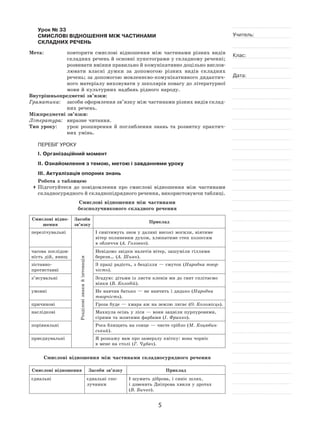 5
Учитель:
Клас:
Дата:
Урок № 33  
СМИСЛОВІ ВІДНОШЕННЯ МІЖ ЧАСТИНАМИ
СКЛАДНИХ РЕЧЕНЬ
Мета:	 повторити смислові відношення між частинами різних видів
складних речень й основні пунктограми у складному реченні;
розвивати вміння правильно й комунікативно доцільно вислов-
лювати власні думки за допомогою різних видів складних
речень; за допомогою мовленнєво‑комунікативного дидактич-
ного матеріалу виховувати у школярів повагу до літературної
мови й культурних надбань рідного народу.
Внутрішньопредметні зв’язки:
Граматика:	 засоби оформлення зв’язку між частинами різних видів склад-
них речень.
Міжпредметні зв’язки:
Література:	 виразне читання.
Тип уроку:	 урок розширення й  поглиблення знань та  розвитку практич-
них умінь.
ПЕРЕБІГ УРОКУ
І. Організаційний момент
ІІ. Ознайомлення з темою, метою і завданнями уроку
ІІІ. Актуалізація опорних знань
Робота з таблицею
	Підготуйтеся до  повідомлення про смислові відношення між частинами
складносурядного й складнопідрядного речення, використовуючи таблиці.
Смислові відношення між частинами
безсполучникового складного речення
Смислові відно-
шення
Засоби
зв’язку
Приклад
перелічувальні
Розділовізнакий інтонація
І сивітимуть знов у далині високі могили, віятиме
вітер полиневим духом, хлюпатиме степ колоссям
в обличчя (А. Головко).
часова послідов-
ність дій, явищ
Невідомо звідки налетів вітер, зашуміли гіллями
берези… (А. Шиян).
зіставно-
протиставні
З праці радість, з безділля — смуток (Народна твор-
чість).
з’ясувальні Згадую: дітьми із листя кленів ми до свят сплітаємо
вінки (В. Колодій).
умовні Не навчив батько — не навчить і дядько (Народна
творчість).
причинові Гроза буде — хмара аж на землю лягає (О. Коломієць).
наслідкові Махнула осінь у ліси — вони зацвіли пурпуровими,
сірими та жовтими фарбами (І. Франко).
порівняльні Роса блищить на сонце — чисте срібло (М. Коцюбин-
ський).
приєднувальні Я розкажу вам про замерзлу квітку: вона чорніє
в мене на столі (Г. Чубач).
Смислові відношення між частинами складносурядного речення
Смислові відношення Засоби зв’язку Приклад
єднальні єднальні спо-
лучники
І шумить діброва, і синіє шлях,
і дзвенить Дніпрова хвиля у дротах
(В. Бичко).
 