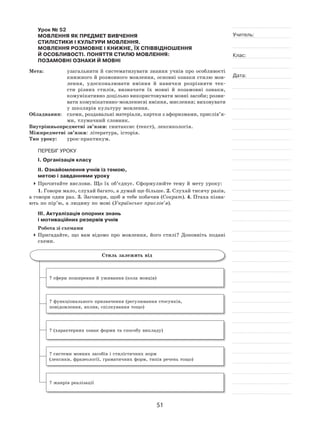 51
Учитель:
Клас:
Дата:
Урок № 52  
МОВЛЕННЯ ЯК ПРЕДМЕТ ВИВЧЕННЯ
СТИЛІСТИКИ І КУЛЬТУРИ МОВЛЕННЯ.
МОВЛЕННЯ РОЗМОВНЕ І КНИЖНЕ, ЇХ СПІВВІДНОШЕННЯ
Й ОСОБЛИВОСТІ. ПОНЯТТЯ СТИЛЮ МОВЛЕННЯ:
ПОЗАМОВНІ ОЗНАКИ Й МОВНІ
Мета:	 узагальнити й систематизувати знання учнів про особливості
книжного й розмовного мовлення, основні ознаки стилю мов-
лення, удосконалювати вміння й  навички розрізняти тек-
сти різних стилів, визначати їх  мовні й  позамовні ознаки,
комунікативно доцільно використовувати мовні засоби; розви-
вати комунікативно-мовленнєві вміння, мислення; виховувати
у школярів культуру мовлення.
Обладнання:	 схеми, роздавальні матеріали, картки з афоризмами, прислів’я-
ми, тлумачний словник.
Внутрішньопредметні зв’язки: синтаксис (текст), лексикологія.
Міжпредметні зв’язки: література, історія.
Тип уроку:	 урок-практикум.
ПЕРЕБІГ УРОКУ
І. Організація класу
ІІ. Ознайомлення учнів із темою,
метою і завданнями уроку
	Прочитайте вислови. Що їх об’єднує. Сформулюйте тему й мету уроку:
1. Говори мало, слухай багато, а думай ще більше. 2. Слухай тисячу разів,
а говори один раз. 3. Заговори, щоб я тебе побачив (Сократ). 4. Птаха пізна-
ють по пір’ю, а людину по мові (Українське прислів’я).
ІІІ. Актуалізація опорних знань
і мотиваційних резервів учнів
Робота зі схемами
	Пригадайте, що вам відомо про мовлення, його стилі? Доповніть подані
схеми.
Стиль залежить від
? сфери поширення й уживання (кола мовців)
? функціонального призначення (регулювання стосунків,
повідомлення, вплив, спілкування тощо)
? (характерних ознак форми та способу викладу)
? системи мовних засобів і стилістичних норм
(лексики, фразеології, граматичних форм, типів речень тощо)
? жанрів реалізації
 