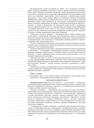 54
На формування стилю впливають як  мовні, так і  позамовні чинники.
Сфера суспільно-виробничої діяльності мовців, форма суспільної свідомості,
мета і  зміст мовлення становить позамовну основу функціонального стилю,
а сукупність певним чином узгоджених інформативно значущих мовних оди-
ниць, яка відповідає характерові, типові мислення в  кожній сфері мовної
діяльності, — його мовну основу. Мовні та  позамовні чинники визначають
диференційні ознаки кожного функціонального стилю, його жанрово‑стильові
різновиди. Отже, стилі різняться за  кількісними показниками вживаних
мовних одиниць, принципами їх відбору і поєднання відповідно до сфер спіл-
кування, а  також за  функціями, які виконують мовні засоби у  конкретних
текстах. Функціональні стилі не є замкненими системами, вони перебувають
у  постійній взаємодії, тому кожен із  них містить елементи іншого. Основу
кожного стилю становлять стилістично нейтральні засоби сучасної літератур-
ної мови, з якими взаємодіють марковані елементи.
Стиль має суспільну природу  — він формується у  процесі мовного роз-
витку нації і є невід’ємною частиною загальнонародної мови, а не витвором
окремого індивіда. Кількість і структура функціональних стилів й особливості
їх  використання тісно пов’язані з  історичними умовами розвитку і  функці-
онування самої літературної мови.
Сучасна українська літературна мова поєднує системи книжного (писем-
ного) й усного літературного мовлення. Функціональна розгалуженість мови
породжує стилі літературної мови.
Основою виділення стилів мови є організація мовних елементів відповідно
до  настанови  — спілкування, повідомлення, вольового впливу. Наприклад,
розмовне мовлення проектується, головним чином, на  спілкування (діалог,
полілог), в  основі публіцистичного стилю лежить повідомлення, хоча тут
наявний і фактор волевиявлення.
Чим багатша мова за  своїм суспільними функціями, тим розвиненіші
її стилі. Композиційно-мовленнєва структура стилів зумовлена соціальними
завданнями функціонального розрізнення мовленннєвої комунікації у  сфе-
рах діяльності людини  — науки, техніки, політики, діловодства, у  мисте-
цтві, побуті.
Розрізняють книжні й уснорозмовні стилі літературної мови. До книжних
стилів української літературної мови належать: публіцистичний, науковий,
офіційно-діловий, художній.
Робота у групах
	Опрацюйте текст і  підготуйте коротке повідомлення про певний стиль
мовлення із наведенням власного прикладу тексту.
Публіцистичний стиль
Публіцистичний стиль (від лат. publicus  — суспільний)  — це функціо-
нальний різновид літературної мови, який використовується в газетах, пері-
одичних громадсько-політичних виданнях, агітаційно-пропагандистських
та інших засобах масової комунікації.
Основна настанова  — популярний виклад фактів, подій, агітаційно-
пропагандистська спрямованість і націленість на досягнення результативного
впливу. Це зумовлює доступність, яскравість і чіткість викладу, наприклад,
у  жанрі політичного трактату, доповіді, нарису, передової статті в  газеті,
статті громадсько-політичного журналу; полемічність, образність, експре-
сивність, наприклад, у  памфлеті, фейлетоні, відозві, листівці, звертанні.
Це сприяє широкому використанню на  тлі загальновживаної лексики слів
суспільно-політичного звучання, термінів, емоційно забарвлених слів, фра-
зеологічних зворотів.
З синтаксичних засобів типовими є: використання імперативних (нака-
зового способу) форм дієслів, спонукальних і  риторичних речень, уведення
звертань, модальних слів і часток, перифраз, цитат. Яскраво виражена в окре-
мих публіцистичних творах експресивність наближує публіцистику до стилю
художньої літератури, а полемічність і логіка викладу думок — до наукового
стилю.
 