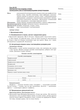77
Учитель:
Клас:
Дата:
Урок № 58  
МОРФОЛОГІЧНА БУДОВА СЛОВА.
НАПИСАННЯ СЛІВ іЗ НАЙУЖИВАНІШИМИ ОРФОГРАМАМИ
Мета:	 узагальнити й систематизувати знання учнів про морфологічну
будову слова, способи словотвору, види орфограм, удоскона-
лювати вміння й  навички писати слова з  найуживанішими
орфограмами; розвивати комунікативно-мовленнєві вміння,
аналітико-синтетичне мислення, збагачувати словниковий
запас; виховувати у школярів моральні якості.
Обладнання:	 опорні таблиці, роздавальний матеріал, картки з афоризмами.
Внутрішньопредметні зв’язки: синтаксис (текст), лексикологія.
Міжпредметні зв’язки: література, історія, етика.
Тип уроку:	 урок узагальнення і систематизації.
ПЕРЕБІГ УРОКУ
І. Організація класу
ІІ. Ознайомлення із темою, метою і завданнями уроку
	Прочитайте афоризми. Що їх об’єднує. Сформулюйте тему й мету уроку.
1. Без кореня, як риба без води, слово не може існувати (І. Вихованець).
2. Слова в  мові не  існують ізольовано одне від одного. Вони, як  і  люди,
об’єднуються в родини (Н. Клименко).
ІІІ. Актуалізація опорних знань і мотиваційних резервів учнів
Заповнення таблиць
	Пригадайте, з  яких частин складається слово, яке значення має кожна
з  цих частин. Назвіть основні способи словотворення; доберіть свої при-
клади. Доповніть подані таблиці.
Основні способи словотворення
Способи словотворення Приклади
Префіксальний
Суфіксальний
Префіксально-суфіксальний
Безафіксний
Складання слів та основ
Складання скорочених основ
Зрощення слів
Перехід з однієї частини мови в іншу
Будова слова
Основа
корінь
Бліцопитування
Морфеми  — значущі частини слова. Інтерфікс  — сполучний голосний.
Чиста основа  — основа, яка не  має закінчення. Флексія  — закінчення.
Афікси — словотворчі суфікси і префікси.
ІV. Процесуально-діяльнісний етап
Практична робота «Дослідження тексту»
	Прочитайте вірш Катерина Заляпанчук «Слово про матір». Які відчуття
викликали у вас ці рядки? Яким чином, на вашу думку, автору вдалося
досягти такого ефекту емоційного стану, в якому ви перебуваєте? Визна-
чте тему, основну думку, тип та стиль тексту.
 