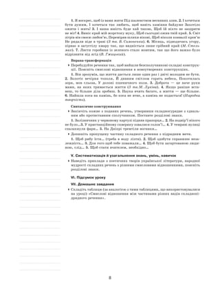 8
1. Я воскрес, щоб із вами жити Під шаленством весняних злив. 2. І хочеться
бути дужим, І  хочеться так любить, щоб навіть каміння байдуже Захотіло
ожити і  жить! 3.  І  наша юність буде хай такою, Щоб їй  ніхто не  заздрити
не міг! 4. Виніс край мій жорстоку муку, Щоб сьогодні ожив твій край. 5. Світ
зігрів він своєю любов’ю, Переміряв шляхи вікові, Щоб ніколи конвалії кров’ю
Не  ридали ніде в  траві (З  тв. В. Симоненка). 6.  Місяць, підводячись угору,
пірнає в  загустілу хмару так, що видніється лише срібний край (М. Стель-
мах). 7.  Листя горобини із  зеленого стало жовтим, так що його важко було
відрізнити від ягід (В. Гжицький).
Вправа-трансформація
	Перебудуйте речення так, щоб вийшли безсполучникові складні конструк-
ції. Поясніть смислові відношення в новоутворених конструкціях.
1. Він зрозумів, що життя дається лише один раз і двічі молодим не бути.
2.  Золотіє вечірня тополя, Й  дивним світлом горять небеса, Покотилась
зоря, мов сльоза, У  долоні пшеничного поля. 3.  Доброта  — це наче руки
мами, на  яких тримається життя (3  тв. М. Луківа). 4.  Якщо раніше вста-
неш, то  більше діла зробиш. 5.  Наука вчить багато, а  життя  — ще більше.
6. Найшла коса на камінь, бо коса не втне, а камінь не подасться! (Народна
творчість).
Синтаксичне конструювання
	Закінчіть кожне з поданих речень, утворивши складносурядне з єдналь-
ним або протиставним сполучником. Поставте розділові знаки.
1. Залізничник у червоному картузі підняв прапорця… 2. На подвір’ї нікого
не було…3. У пристанційному скверику озвалися солов’ї… 4. У темряві вулиці
спалахнули фари… 5. На Дніпрі тремтіли вогники…
	Допишіть пропущену частину складного речення з підрядним мети.
1. Щоб рибу їсти… (треба в  воду лізти). 2.  Щоб здобути справжню неза-
лежність… 3. Для того щоб тебе поважали… 4. Щоб бути загартованою люди-
ною, слід… 5. Щоб стати вчителем, необхідно…
V. Систематизація й узагальнення знань, умінь, навичок
	Наведіть приклади з  поетичних творів української літератури, народної
мудрості складних речень з різними смисловими відношеннями, поясніть
розділові знаки.
VI. Підсумок уроку
VII. Домашнє завдання
	Складіть таблицю (за аналогією з тими таблицями, що використовувалися
на уроці) «Смислові відношення між частинами різних видів складнопі-
дрядного речення».
 