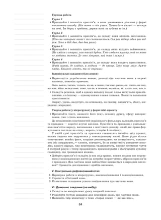 84
Групова робота
Група 1
	Пригадайте і  запишіть прислів’я, в  яких уживаються дієслова у  формі
наказового способу. (Вік живи — вік учись. Хочеш їсти калачі — не сиди
на печі. Їж борщ з грибами, держи язик за зубами та ін.)
Група 2
	Пригадайте і  запишіть прислів’я, до  складу яких входять числівники.
(Кінь на чотирьох ногах і то спотикається. Сім раз відмір, один раз від-
ріж. Хто в біді дав, дав два рази.)
Група 3
	Пригадайте і  запишіть прислів’я, до  складу яких входять займенники.
(Не смійся з старих, сам такий будеш. Хто любить музику, той не може
не любити життя. Де хто літував, хай там і зимує.)
Група 4
	Пригадайте і  запишіть прислів’я, до  складу яких входять прислівники.
(Риба шукає, де глибше, а  людина  — де краще. Хто вище злізе, дужче
падає. Близько лікоть, та не вкусиш.)
Індивідуальні завдання (біля дошки)
	Перекладіть українською мовою, розподіліть частини мови в  окремі
колонки, поясніть правопис.
Зато, возле, также, только, из-за, в связи, так как, разве, ох, лишь, из-под,
вот как, айда, вследствие, тоже, что за, в течение, неужели, эх, пусть, так, что, о.
	Складіть речення, щоб в одному випадку подані слова виступали прислів-
никами, а в іншому — однозвучними з ними словами. Поясніть написання
прислівників:
Зверху, удень, назустріч, по-осінньому, по-своєму, напам’ять, збоку, зсе-
редини, всередині.
Творча робота (у мікрогрупах) у формі міні-проекту
	Прочитайте текст, визначте його тему, основну думку, сферу викорис-
тання, тип і стиль мовлення.
До неоціненних коштовностей українського фольклору належать прислів’я
та приказки — короткі влучні вислови. Прислів’я та приказки є узагальне-
ною пам’яттю народу, висновками з життєвого досвіду, який дає право фор-
мулювати погляди на етику, мораль, історію й політику.
У своїй сумі прислів’я та  приказки становлять начебто звід правил,
якими людина має керуватися у  повсякденному житті. Вони рідко тільки
констатують якийсь факт, скоріше рекомендують чи застерігають, схвалю-
ють або засуджують, — словом, повчають, бо за ними стоїть авторитет поко-
лінь нашого народу, чия невичерпна талановитість, високе естетичне чуття
й  гострий розум і  тепер продовжують примножувати і  збагачувати духовну
спадщину, що громадилася віками.
	Доберіть прислів’я і складіть із них звід правил, якими людина має керува-
тися у повсякденному житті (за потреби скористуйтесь збіркою прислів’їв
і приказок). Яка частина мови найчастіше вживається в народних висло-
вах? Проведіть дослідження і зробіть висновок.
V. Контрольно-рефлексивний етап
1.	Перевірка роботи в мікрогрупах, взаємооцінювання і самооцінювання.
2.	Стратегія «Сніговий ком».
3.	Колективне складання усного повідомлення про частини мови.
VІ. Домашнє завдання (на вибір)
	Складіть за матеріалами уроку опорний конспект.
	Розробити тестові завдання для перевірки знань про частини мови.
	Напишіть твір-мініатюру з теми «Народ скаже — як зав’яже».
 