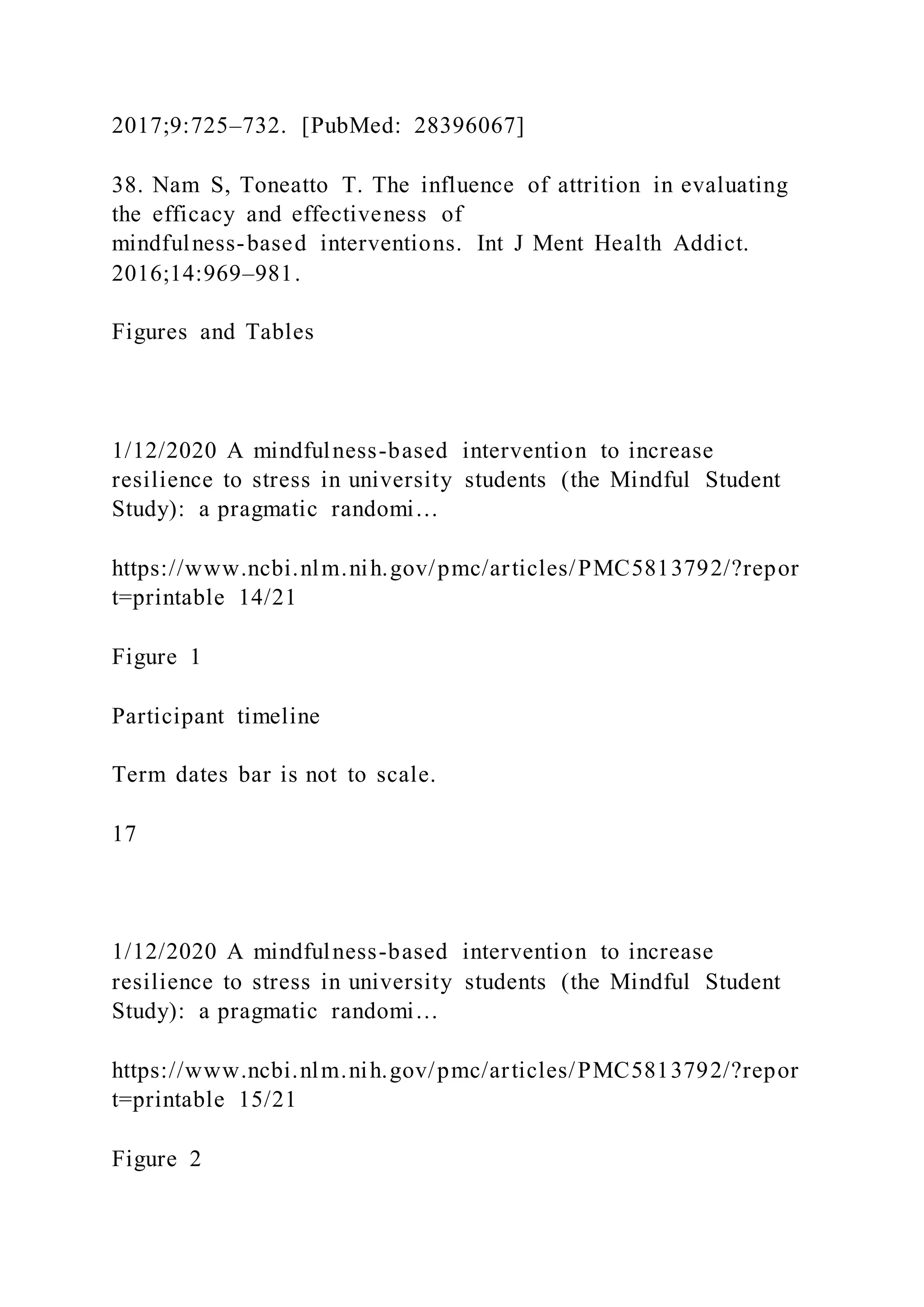 2017;9:725–732. [PubMed: 28396067]
38. Nam S, Toneatto T. The influence of attrition in evaluating
the efficacy and effectiveness of
mindfulness-based interventions. Int J Ment Health Addict.
2016;14:969–981.
Figures and Tables
1/12/2020 A mindfulness-based intervention to increase
resilience to stress in university students (the Mindful Student
Study): a pragmatic randomi…
https://www.ncbi.nlm.nih.gov/pmc/articles/PMC5813792/?repor
t=printable 14/21
Figure 1
Participant timeline
Term dates bar is not to scale.
17
1/12/2020 A mindfulness-based intervention to increase
resilience to stress in university students (the Mindful Student
Study): a pragmatic randomi…
https://www.ncbi.nlm.nih.gov/pmc/articles/PMC5813792/?repor
t=printable 15/21
Figure 2
 