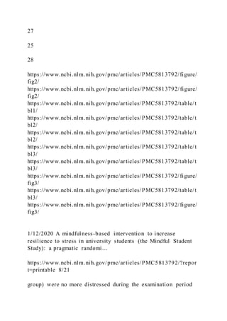 27
25
28
https://www.ncbi.nlm.nih.gov/pmc/articles/PMC5813792/figure/
fig2/
https://www.ncbi.nlm.nih.gov/pmc/articles/PMC5813792/figure/
fig2/
https://www.ncbi.nlm.nih.gov/pmc/articles/PMC5813792/table/t
bl1/
https://www.ncbi.nlm.nih.gov/pmc/articles/PMC5813792/table/t
bl2/
https://www.ncbi.nlm.nih.gov/pmc/articles/PMC5813792/table/t
bl2/
https://www.ncbi.nlm.nih.gov/pmc/articles/PMC5813792/table/t
bl3/
https://www.ncbi.nlm.nih.gov/pmc/articles/PMC5813792/table/t
bl3/
https://www.ncbi.nlm.nih.gov/pmc/articles/PMC5813792/figure/
fig3/
https://www.ncbi.nlm.nih.gov/pmc/articles/PMC5813792/table/t
bl3/
https://www.ncbi.nlm.nih.gov/pmc/articles/PMC5813792/figure/
fig3/
1/12/2020 A mindfulness-based intervention to increase
resilience to stress in university students (the Mindful Student
Study): a pragmatic randomi…
https://www.ncbi.nlm.nih.gov/pmc/articles/PMC5813792/?repor
t=printable 8/21
group) were no more distressed during the examination period
 