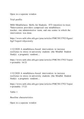 Open in a separate window
Trial profile
MSS=Mindfulness Skills for Students. ITT=intention-to-treat.
*Intervention providers comprised one mindfulness
teacher, one administrative team, and one centre in which the
intervention was done.
https://www.ncbi.nlm.nih.gov/pmc/articles/PMC5813792/figure/
fig2/?report=objectonly
1/12/2020 A mindfulness-based intervention to increase
resilience to stress in university students (the Mindful Student
Study): a pragmatic randomi…
https://www.ncbi.nlm.nih.gov/pmc/articles/PMC5813792/?repor
t=printable 16/21
1/12/2020 A mindfulness-based intervention to increase
resilience to stress in university students (the Mindful Student
Study): a pragmatic randomi…
https://www.ncbi.nlm.nih.gov/pmc/articles/PMC5813792/?repor
t=printable 17/21
Table 1
Baseline characteristics
Open in a separate window
 