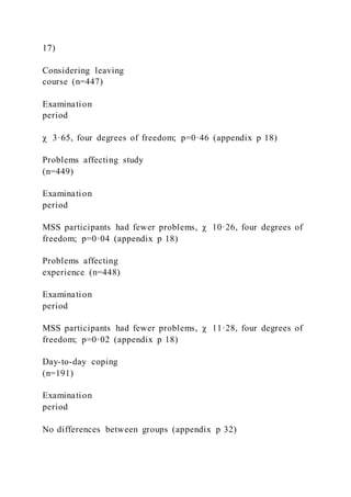 17)
Considering leaving
course (n=447)
Examination
period
χ 3·65, four degrees of freedom; p=0·46 (appendix p 18)
Problems affecting study
(n=449)
Examination
period
MSS participants had fewer problems, χ 10·26, four degrees of
freedom; p=0·04 (appendix p 18)
Problems affecting
experience (n=448)
Examination
period
MSS participants had fewer problems, χ 11·28, four degrees of
freedom; p=0·02 (appendix p 18)
Day-to-day coping
(n=191)
Examination
period
No differences between groups (appendix p 32)
 