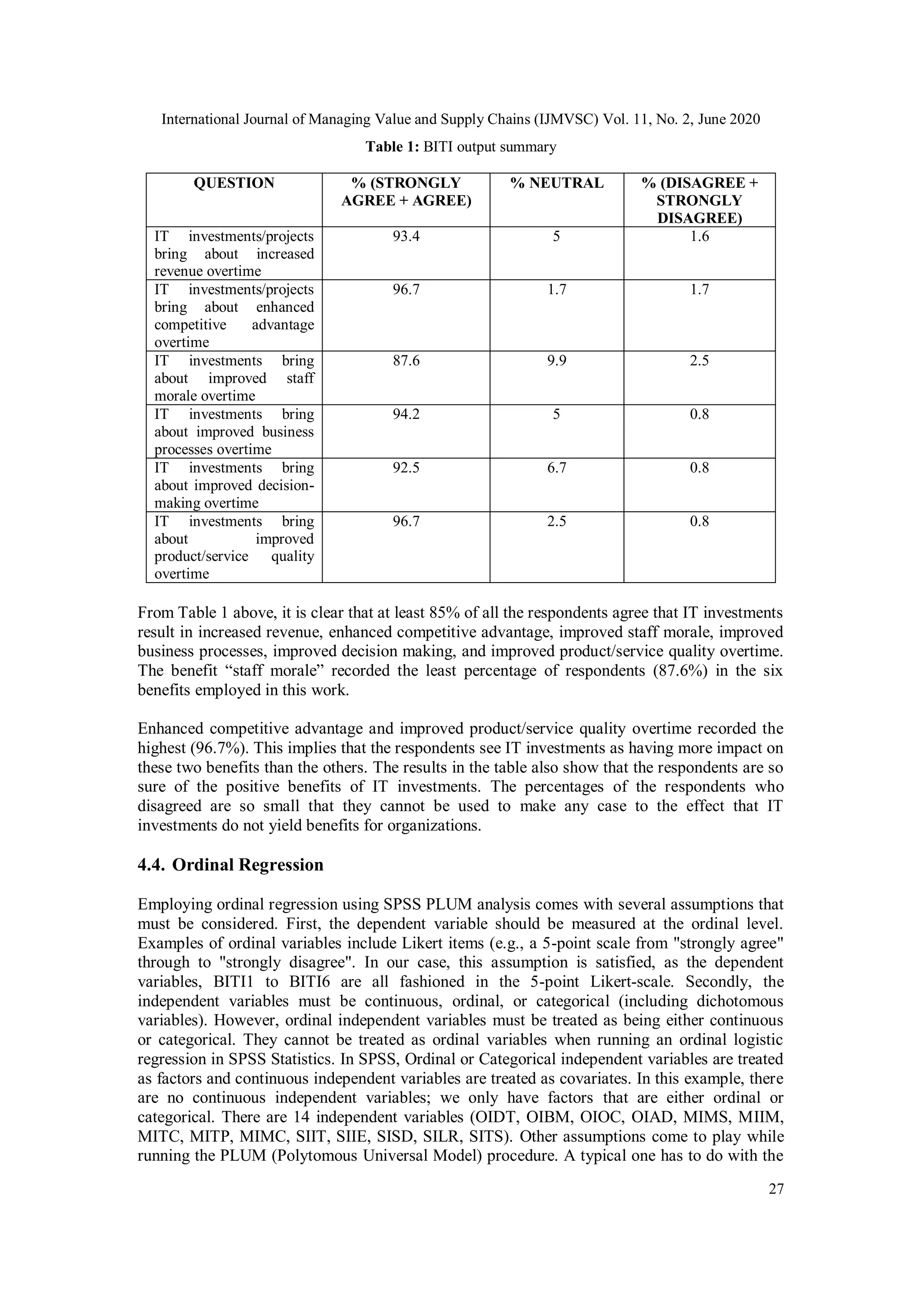 International Journal of Managing Value and Supply Chains (IJMVSC) Vol. 11, No. 2, June 2020
27
Table 1: BITI output summary
QUESTION % (STRONGLY
AGREE + AGREE)
% NEUTRAL % (DISAGREE +
STRONGLY
DISAGREE)
IT investments/projects
bring about increased
revenue overtime
93.4 5 1.6
IT investments/projects
bring about enhanced
competitive advantage
overtime
96.7 1.7 1.7
IT investments bring
about improved staff
morale overtime
87.6 9.9 2.5
IT investments bring
about improved business
processes overtime
94.2 5 0.8
IT investments bring
about improved decision-
making overtime
92.5 6.7 0.8
IT investments bring
about improved
product/service quality
overtime
96.7 2.5 0.8
From Table 1 above, it is clear that at least 85% of all the respondents agree that IT investments
result in increased revenue, enhanced competitive advantage, improved staff morale, improved
business processes, improved decision making, and improved product/service quality overtime.
The benefit “staff morale” recorded the least percentage of respondents (87.6%) in the six
benefits employed in this work.
Enhanced competitive advantage and improved product/service quality overtime recorded the
highest (96.7%). This implies that the respondents see IT investments as having more impact on
these two benefits than the others. The results in the table also show that the respondents are so
sure of the positive benefits of IT investments. The percentages of the respondents who
disagreed are so small that they cannot be used to make any case to the effect that IT
investments do not yield benefits for organizations.
4.4. Ordinal Regression
Employing ordinal regression using SPSS PLUM analysis comes with several assumptions that
must be considered. First, the dependent variable should be measured at the ordinal level.
Examples of ordinal variables include Likert items (e.g., a 5-point scale from "strongly agree"
through to "strongly disagree". In our case, this assumption is satisfied, as the dependent
variables, BITI1 to BITI6 are all fashioned in the 5-point Likert-scale. Secondly, the
independent variables must be continuous, ordinal, or categorical (including dichotomous
variables). However, ordinal independent variables must be treated as being either continuous
or categorical. They cannot be treated as ordinal variables when running an ordinal logistic
regression in SPSS Statistics. In SPSS, Ordinal or Categorical independent variables are treated
as factors and continuous independent variables are treated as covariates. In this example, there
are no continuous independent variables; we only have factors that are either ordinal or
categorical. There are 14 independent variables (OIDT, OIBM, OIOC, OIAD, MIMS, MIIM,
MITC, MITP, MIMC, SIIT, SIIE, SISD, SILR, SITS). Other assumptions come to play while
running the PLUM (Polytomous Universal Model) procedure. A typical one has to do with the
 