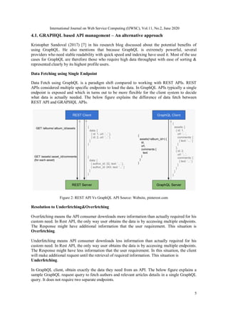 International Journal on Web Service Computing (IJWSC), Vol.11, No.2, June 2020
5
4.1. GRAPHQL based API management – An alternative approach
Kristopher Sandoval (2017) [7] in his research blog discussed about the potential benefits of
using GraphQL. He also mentions that because GraphQL is extremely powerful, several
providers who need stable readability with quick speed and indexing have used it. Most of the use
cases for GraphQL are therefore those who require high data throughput with ease of sorting &
represented clearly by its highest profile users.
Data Fetching using Single Endpoint
Data Fetch using GraphQL is a paradigm shift compared to working with REST APIs. REST
APIs considered multiple specific endpoints to load the data. In GraphQL APIs typically a single
endpoint is exposed and which in turns out to be more flexible for the client system to decide
what data is actually needed. The below figure explains the difference of data fetch between
REST API and GRAPHQL APIs.
Figure 2: REST API Vs GraphQL API Source: Website, pinterest.com
Resolution to Underfetching&Overfetching
Overfetching means the API consumer downloads more information than actually required for his
custom need. In Rest API, the only way user obtains the data is by accessing multiple endpoints.
The Response might have additional information that the user requirement. This situation is
Overfetching.
Underfetching means API consumer downloads less information than actually required for his
custom need. In Rest API, the only way user obtains the data is by accessing multiple endpoints.
The Response might have less information that the user requirement. In this situation, the client
will make additional request until the retrieval of required information. This situation is
Underfetching.
In GraphQL client, obtain exactly the data they need from an API. The below figure explains a
sample GraphQL request query to fetch authors and relevant articles details in a single GraphQL
query. It does not require two separate endpoints.
 