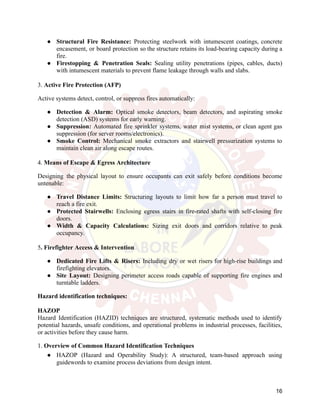 ●​ Structural Fire Resistance: Protecting steelwork with intumescent coatings, concrete
encasement, or board protection so the structure retains its load-bearing capacity during a
fire.
●​ Firestopping & Penetration Seals: Sealing utility penetrations (pipes, cables, ducts)
with intumescent materials to prevent flame leakage through walls and slabs.
3. Active Fire Protection (AFP)
Active systems detect, control, or suppress fires automatically:
●​ Detection & Alarm: Optical smoke detectors, beam detectors, and aspirating smoke
detection (ASD) systems for early warning.
●​ Suppression: Automated fire sprinkler systems, water mist systems, or clean agent gas
suppression (for server rooms/electronics).
●​ Smoke Control: Mechanical smoke extractors and stairwell pressurization systems to
maintain clean air along escape routes.
4. Means of Escape & Egress Architecture
Designing the physical layout to ensure occupants can exit safely before conditions become
untenable:
●​ Travel Distance Limits: Structuring layouts to limit how far a person must travel to
reach a fire exit.
●​ Protected Stairwells: Enclosing egress stairs in fire-rated shafts with self-closing fire
doors.
●​ Width & Capacity Calculations: Sizing exit doors and corridors relative to peak
occupancy.
5. Firefighter Access & Intervention
●​ Dedicated Fire Lifts & Risers: Including dry or wet risers for high-rise buildings and
firefighting elevators.
●​ Site Layout: Designing perimeter access roads capable of supporting fire engines and
turntable ladders.
Hazard identification techniques:
HAZOP
Hazard Identification (HAZID) techniques are structured, systematic methods used to identify
potential hazards, unsafe conditions, and operational problems in industrial processes, facilities,
or activities before they cause harm.
1. Overview of Common Hazard Identification Techniques
●​ HAZOP (Hazard and Operability Study): A structured, team-based approach using
guidewords to examine process deviations from design intent.
16
 