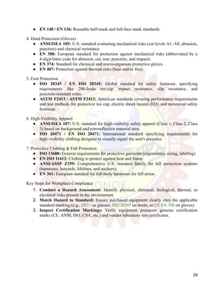 ●​ EN 140 / EN 136: Reusable half-mask and full-face mask standards.
4. Hand Protection (Gloves)
●​ ANSI/ISEA 105: U.S. standard evaluating mechanical risks (cut levels A1–A9, abrasion,
puncture) and chemical resistance.
●​ EN 388: European standard for protection against mechanical risks (abbreviated by a
4-digit/letter code for abrasion, cut, tear, puncture, and impact).
●​ EN 374: Standard for chemical and micro-organism protective gloves.
●​ EN 407: Protection against thermal risks (heat and/or fire).
5. Foot Protection
●​ ISO 20345 / EN ISO 20345: Global standard for safety footwear, specifying
requirements like 200-Joule toe-cap impact resistance, slip resistance, and
puncture-resistant soles.
●​ ASTM F2413 / ASTM F2412: American standards covering performance requirements
and test methods for protective toe cap, electric shock hazard (EH), and metatarsal safety
footwear.
6. High-Visibility Apparel
●​ ANSI/ISEA 107: U.S. standard for high-visibility safety apparel (Class 1, Class 2, Class
3) based on background and retroreflective material area.
●​ ISO 20471 / EN ISO 20471: International standard specifying requirements for
high-visibility clothing designed to visually signal the user's presence.
7. Protective Clothing & Fall Protection
●​ ISO 13688: General requirements for protective garments (ergonomics, sizing, labeling).
●​ EN ISO 11612: Clothing to protect against heat and flame.
●​ ANSI/ASSP Z359: Comprehensive U.S. standard family for fall protection systems
(harnesses, lanyards, lifelines, and anchors).
●​ EN 361: European standard for full-body harnesses for fall arrest.
Key Steps for Workplace Compliance
1.​ Conduct a Hazard Assessment: Identify physical, chemical, biological, thermal, or
electrical risks present in the environment.
2.​ Match Hazard to Standard: Ensure purchased equipment clearly cites the applicable
standard marking (e.g., Z87+ on glasses, ISO 20345 on boots, or CE EN 388 on gloves).
3.​ Inspect Certification Markings: Verify equipment possesses genuine certification
marks (CE, ANSI, ISO, CSA, etc.) and vendor laboratory test certificates.
24
 