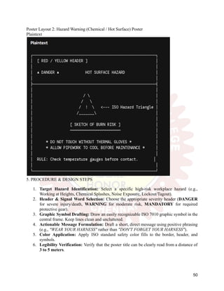 Poster Layout 2: Hazard Warning (Chemical / Hot Surface) Poster
Plaintext
5. PROCEDURE & DESIGN STEPS
1.​ Target Hazard Identification: Select a specific high-risk workplace hazard (e.g.,
Working at Heights, Chemical Splashes, Noise Exposure, Lockout/Tagout).
2.​ Header & Signal Word Selection: Choose the appropriate severity header (DANGER
for severe injury/death, WARNING for moderate risk, MANDATORY for required
protective gear).
3.​ Graphic Symbol Drafting: Draw an easily recognizable ISO 7010 graphic symbol in the
central frame. Keep lines clean and uncluttered.
4.​ Actionable Message Formulation: Draft a short, direct message using positive phrasing
(e.g., "WEAR YOUR HARNESS" rather than "DON'T FORGET YOUR HARNESS").
5.​ Color Application: Apply ISO standard safety color fills to the border, header, and
symbols.
6.​ Legibility Verification: Verify that the poster title can be clearly read from a distance of
3 to 5 meters.
50
 