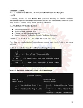 EXPERIMENT NO. 3
TITLE: Identification of Unsafe Acts and Unsafe Conditions in the Workplace
1. AIM
To identify, classify, and audit Unsafe Acts (behavioral hazards) and Unsafe Conditions
(environmental/physical hazards) in an industrial facility, and to recommend corrective actions
using Heinrich's Domino Theory and the Hierarchy of Controls.
2. APPARATUS / TOOLS REQUIRED
●​ Safety Inspection Checklist / Audit Form
●​ Measuring Tape / Distance Meter
●​ Camera / Hazard Observation Logbook
●​ Standard Industrial Workstation Scenario (Workshop / Laboratory)
3. LINE SKETCHES FOR RECORD DRAWING (UNRULED PAGE)
Copy these two visual risk classification diagrams onto the blank (unruled) side of your record
notebook.
Sketch 1: Cause Ratio Breakdown (Heinrich's Triangle Concept)
Sketch 2: Hazard Identification Scenario (Act vs. Condition)
52
 