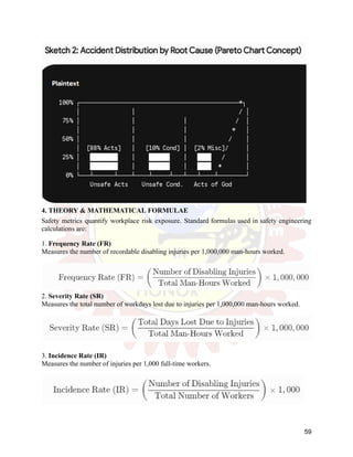 4. THEORY & MATHEMATICAL FORMULAE
Safety metrics quantify workplace risk exposure. Standard formulas used in safety engineering
calculations are:
1. Frequency Rate (FR)
Measures the number of recordable disabling injuries per 1,000,000 man-hours worked.
2. Severity Rate (SR)
Measures the total number of workdays lost due to injuries per 1,000,000 man-hours worked.
3. Incidence Rate (IR)
Measures the number of injuries per 1,000 full-time workers.
59
 