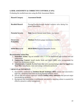 6. RISK ASSESSMENT & CORRECTIVE CONTROL (CAPA)
Evaluating the recalled near-miss using the Risk Assessment Matrix:
Hazard Category Assessment Details
Recalled Hazard Passing/Passing-through thermal isolation valve during live
gauge replacement.
Potential Severity High (Severe thermal steam burns / eye injury).
Occurrence
Probability
Medium (Performs gauge maintenance monthly).
Initial Risk Level HIGH RISK Requires Immediate Action.
Recommended Action Plan
1.​ Immediate Action: Tag out isolation valve V-204 for mechanical seat overhaul and seal
replacement.
2.​ Engineering Control: Install double block and bleed (DBB) valve arrangements for
liquid line maintenance points.
3.​ Administrative Control: Re-brief team that valve passing/leakage must be logged as a
Near-Miss immediately; issue zero-energy verification protocols.
7. RESULTS & INFERENCE
1.​ Successfully conducted an Incident Recall Technique (IRT) session and uncovered a
high-risk, unreported near-miss involving thermal isolation valves.
2.​ Proved that near-misses represent valuable leading safety indicators that prevent major
loss-producing accidents.
3.​ Recognized that establishing a confidential, non-punitive reporting culture is essential for
effective proactive safety management.
77
 