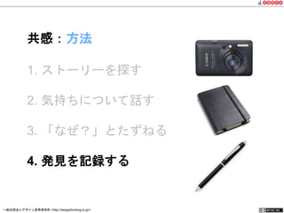 共感：方法 
1. ストーリーを探す 
2. 気持ちについて話す 
3. 「なぜ？」とたずねる 
4. 発見を記録する 
一般社団法人デザイン思考研究所 <http://designthinking.or.jp/> 　　　 
 