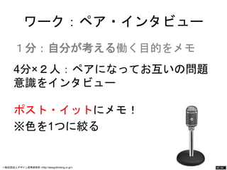 ワーク：ペア・インタビュー 
１分：自分が考える働く目的をメモ 
4分×２人：ペアになってお互いの問題 
意識をインタビュー 
ポスト・イットにメモ！ 
※色を1つに絞る 
一般社団法人デザイン思考研究所 <http://designthinking.or.jp/> 　　　 
 