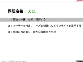問題定義： 方法 
１：経験と一体になり、理解する 
２：ユーザーを特定、ニーズを明確にしてインサイトを提示する 
３：問題を再定義し、新たな着眼点を生む 
一般社団法人デザイン思考研究所 <http://designthinking.or.jp/> 　　　 
 