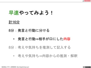 早速やってみよう！ 
計16分 
8分：発言と行動に分ける 
• 発言と行動⇒相手が口にした内容 
8分：考えや気持ちを推測して記入する 
• 考えや気持ち⇒内容からの推測・解釈 
一般社団法人デザイン思考研究所 <http://designthinking.or.jp/> 　　　 
 