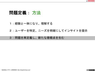 問題定義： 方法 
１：経験と一体になり、理解する 
２：ユーザーを特定、ニーズを明確にしてインサイトを提示 
３：問題を再定義し、新たな着眼点を生む 
一般社団法人デザイン思考研究所 <http://designthinking.or.jp/> 　　　 
 
