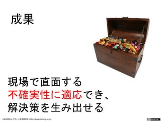 　成果　 
現場で直面する 
不確実性に適応でき、 
解決策を生み出せる 
一般社団法人デザイン思考研究所 <http://designthinking.or.jp/> 　　　 
 