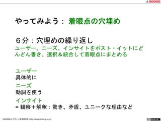 やってみよう： 着眼点の穴埋め 
６分：穴埋めの繰り返し 
ユーザー、ニーズ、インサイトをポスト・イットにど 
んどん書き、選択＆統合して着眼点にまとめる 
ユーザー 
具体的に 
ニーズ 
動詞を使う 
インサイト 
= 観察＋解釈：驚き、矛盾、ユニークな理由など 
一般社団法人デザイン思考研究所 <http://designthinking.or.jp/> 　　　 
 